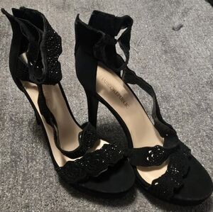 size 10 black strappy womans stiletto 5 inch heel with 1 inch toe marco republic